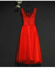 Pretty Red Tulle and Lace Tea Length Party Dress, Red Bridesmaid Dress