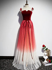 Pretty Red Tulle with Sequins Long Party Gown, Red Formal Dresses