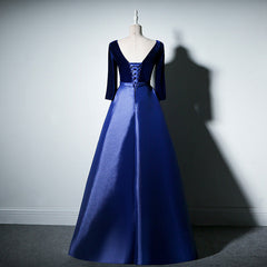 Pretty Royal Blue Long Sleeves Satin with Velvet Party Dress, A-line Long Prom Dress