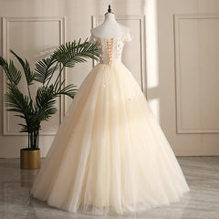 Pretty Tulle Champagne Off Shoulder  Prom Dresses, Flowers Lace Formal Dresses