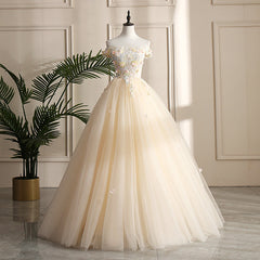 Pretty Tulle Champagne Off Shoulder  Prom Dresses, Flowers Lace Formal Dresses