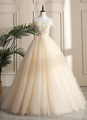 Pretty Tulle Champagne Off Shoulder  Prom Dresses, Flowers Lace Formal Dresses