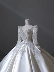 Princess Ball Gown Scoop Neckline Long Sleeves Pleats Beads White Satin Wedding Dresses