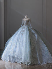 Princess Ball Gown Scoop Neckline Long Sleeves Sequin Light Sky Blue Long Wedding Dresses Brides Dresses