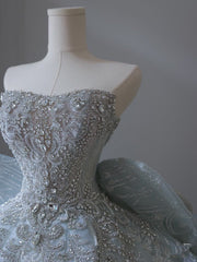 Princess Ball Gown Strapless Neckline Long Sequin Light Sky Blue Long Wedding Dresses Brides Dresses