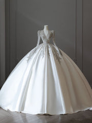 Princess Ball Gown V Neckline Long Sleeves Pleats Beads White Satin Wedding Dresses