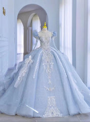 Princess Blue Tulle Long Sleeve Backless Wedding Dress