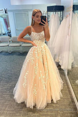 Princess Champagne Spaghetti Straps Prom Dress