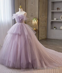 Princess Lavender Tulle Floral Long Prom Dress, Lavender Formal Evening Dress, Purple Ball Gown