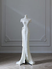 Princess Sheath High Neckline White Sequin Long Wedding Dresses Brides Dresses