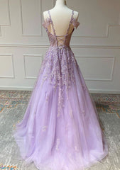 Princess Spaghetti Straps Floor-Length Tulle Prom Dresses With Beading Appliqued