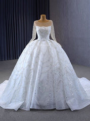 Princess White Tulle Sequins Beading Pearls Wedding Dresses