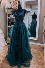 Teal Blue Tulle V-Neckline Long Party Dress With Lace, Teal Blue Long Prom Dress