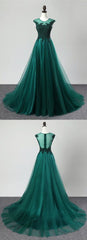 Deep Green Tulle Beaded Sweep Train Formal Prom Dresses, Evening Dresses