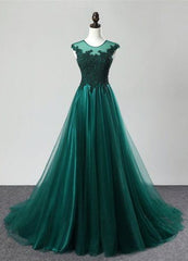 Deep Green Tulle Beaded Sweep Train Formal Prom Dresses, Evening Dresses