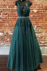 Deep Green Prom Dresses, Tulle Lace V Neck Long Prom Dresses Formal Dresses