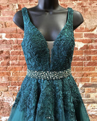 Deep Green Prom Dresses, Tulle Lace V Neck Long Prom Dresses Formal Dresses