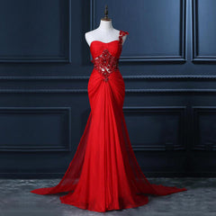 One Shoulder Prom Dresses With Beaded Flowers, Unique Red Prom Gowns, Mermaid Chiffon Prom Dresses With Cut-out