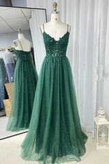 A-line Hunter Green Prom Dresses, Applique Straps Tulle Long Prom Dresses