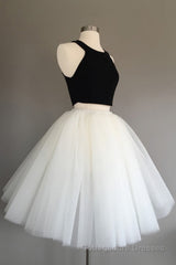 Two Piece Halter Knee Length Short Sleeveless Black Ivory Tulle Homecoming Dresses