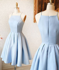 cute a line halter light blue short homecoming prom Dresses short simple satin baby blue party Dresses