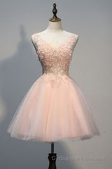 Princess V Neck Tulle Short Mini Appliques Lace Sweet Prom Dresses