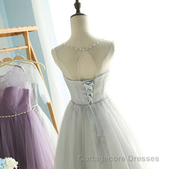 Elegant A Line Round Neck Purple Tulle Short Prom Dresses