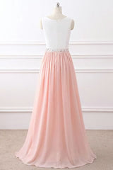 Chic A Line Chiffon Pink Beading Long Sleeveless Prom Dresses