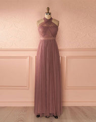 Cute Tulle A Line Long Prom Dresses, Bridesmaid Dresses