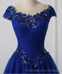 Long Neck Appliqued Wedding Dress Royal Blue Wedding Party Dresses