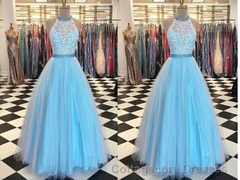 Prety Halter Long Lace Tulle Beding Light Blue For Teens Elegant Prom Dresses