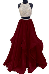 Two Piece Floor Length Burgundy Beaded Prom Dresses