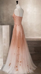 Unique champagne tulle long tulle Evening Dresses