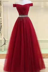 A Line Burgundy Off The Shoulder Lace Up Tulle Sweetheart Long Prom Dresses