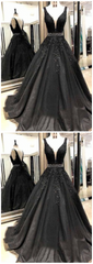 Black Appliques Prom Dress With Beaded Waist A Line Tulle Long Graduation Dresses