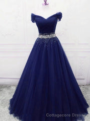 Dark Blue Beaded Tulle A Line Party Dress, Long Prom Dress