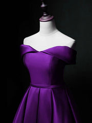 Cute Short Sweetheart Satin Off Shoulder Purple Short Prom Dresses