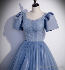 Blue Tulle Long Prom Dress, A Line Evening Gown