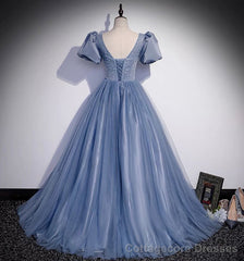 Blue Tulle Long Prom Dress, A Line Evening Gown