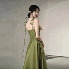 Simple A Line Straps Dark Green Satin Prom Dress