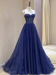 Spaghetti Straps Blue Tulle Beaded Long Formal Dresses