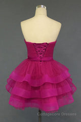 Hot Pink Organza Sweetheart Neckline Short Beadings Belt Tiered Rose Red Layers Prom Dresses