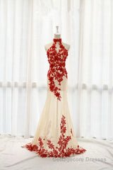 Charming Red Lace And Champagne Tulle Halter Elegant Sparkly Prom Dresses