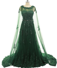 Elegant Women Beaded Lace With Long Appliques Tulle Cape Emerald Green Evening Dresses