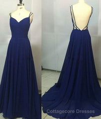 Simple A Line Spaghetti Straps Backless Royal Blue Long Prom Dresses