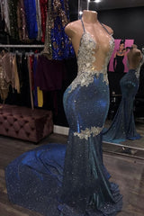 Long Halter Sheath Blue Open Front Backless Prom Dresses