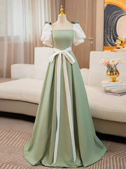 Puff  Sleeves A-line Satin Green/White Long Prom Dress, Green Long Formal Dress