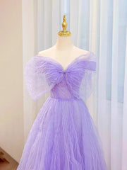 Purple A-line Sweetheart Tulle Long Formal Dresses, Beaded Purple Prom Dresses