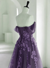 Purple A-Line Tulle With Lace Long Formal Dresses, Purple Prom Dresses Evening Dresses