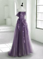 Purple A-Line Tulle With Lace Long Formal Dresses, Purple Prom Dresses Evening Dresses